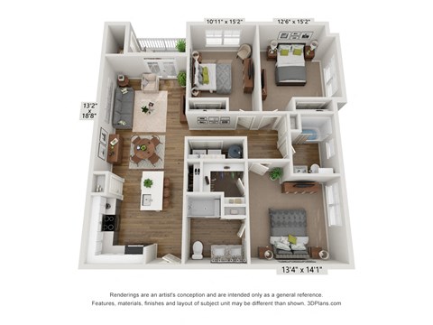 Floor plan for 3 beds, 2 baths, 1315 sqft